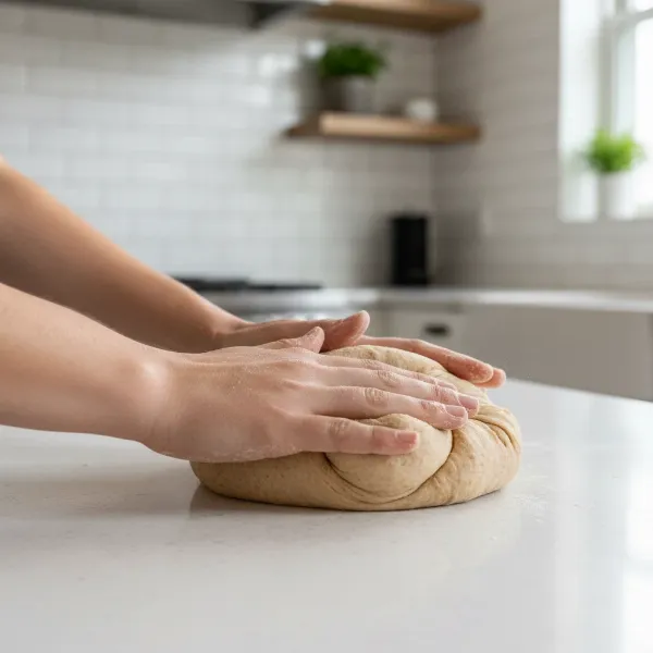 Hands kneading whole wheat flour dough for roti or chapati on a clean surface.