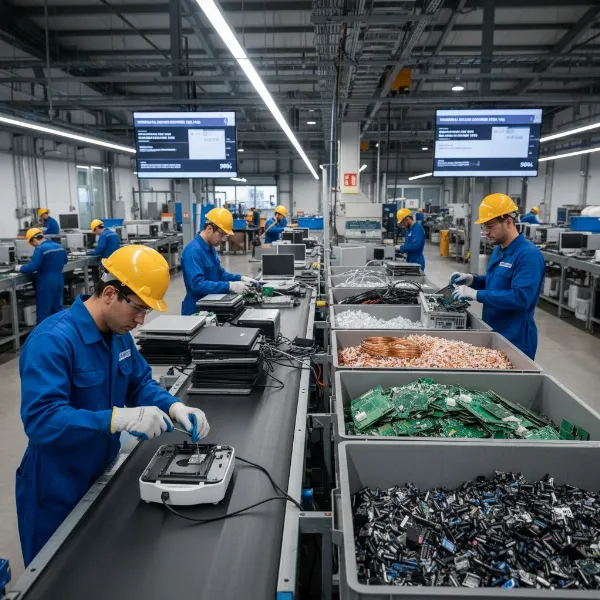 E-waste recycling center workers sorting electronic components for resource recovery
