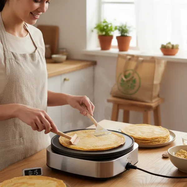 Person efficiently cooking crepes on a clean machine, emphasizing energy-saving tips.