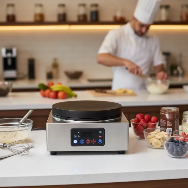 Modern electric commercial crepe maker with precise temperature control in a busy cafe kitchen.