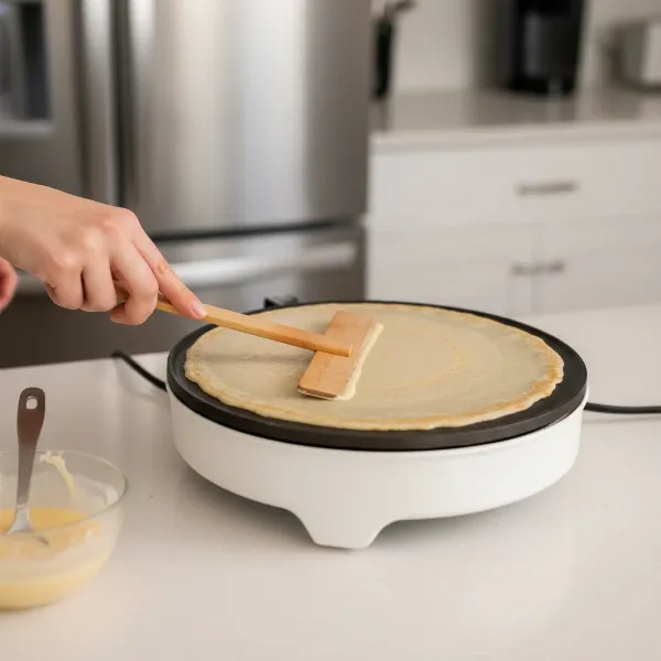 An electric crepe maker in use with batter being spread, perfect for beginners learning to make crepes.
