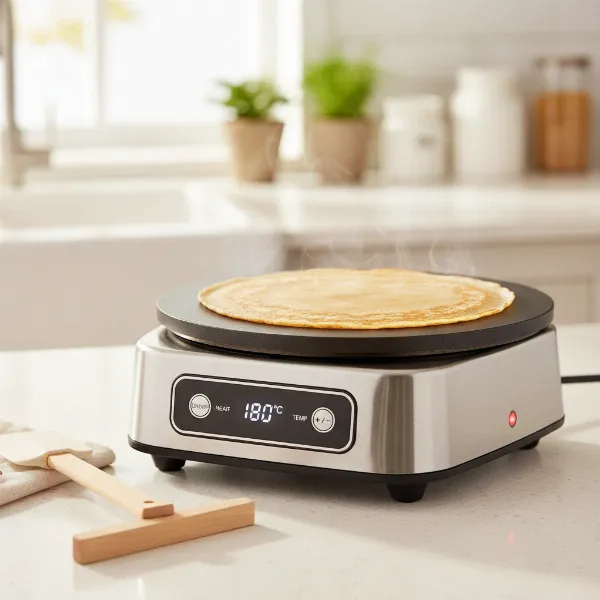 Electric crepe maker on a kitchen counter with a perfectly golden crepe being cooked