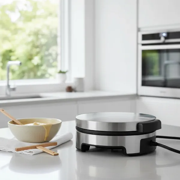 Electric crepe maker on a kitchen counter, ready for use with batter and spreader.