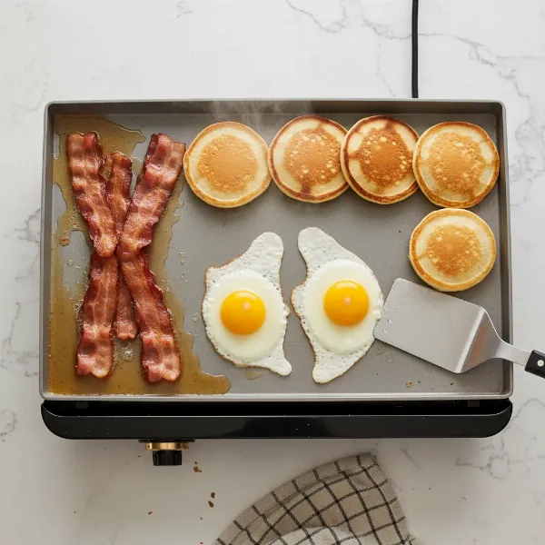 Large electric griddle cooking bacon, eggs, and pancakes for a family breakfast.