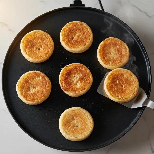 Several golden-brown English muffins griddling on a hot, non-stick crepe maker surface.