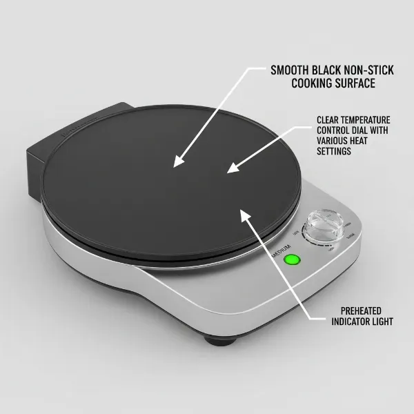 Diagram highlighting key features of a crepe maker: non-stick surface, temperature dial, and power indicator.