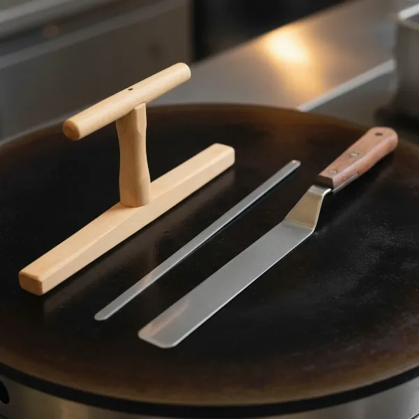 Close-up of a wooden crepe spreader and a thin metal crepe spatula on a professional griddle