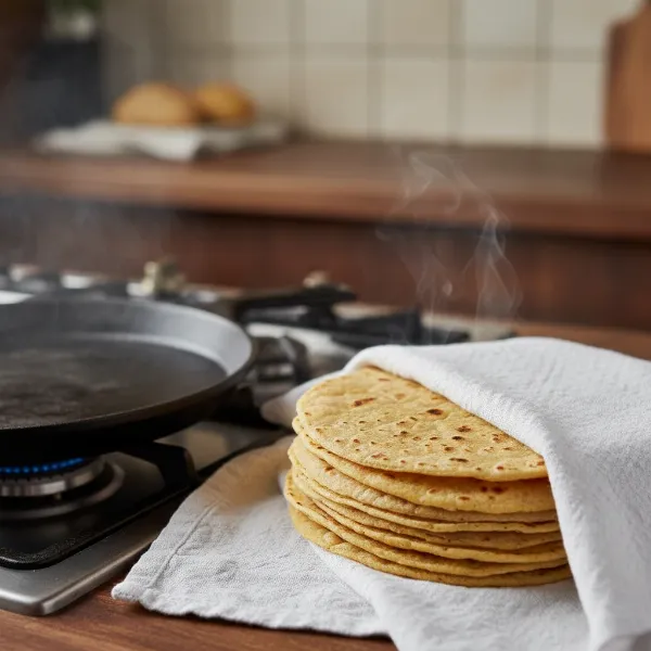 Stack of warm, freshly cooked corn tortillas in a kitchen towel, with a hot griddle in the background.