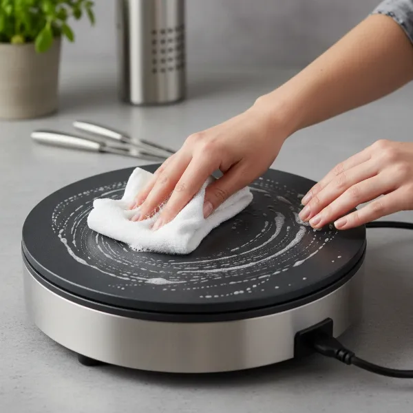Person gently wiping a crepe maker's cooking surface with a soft, damp cloth and mild soap.