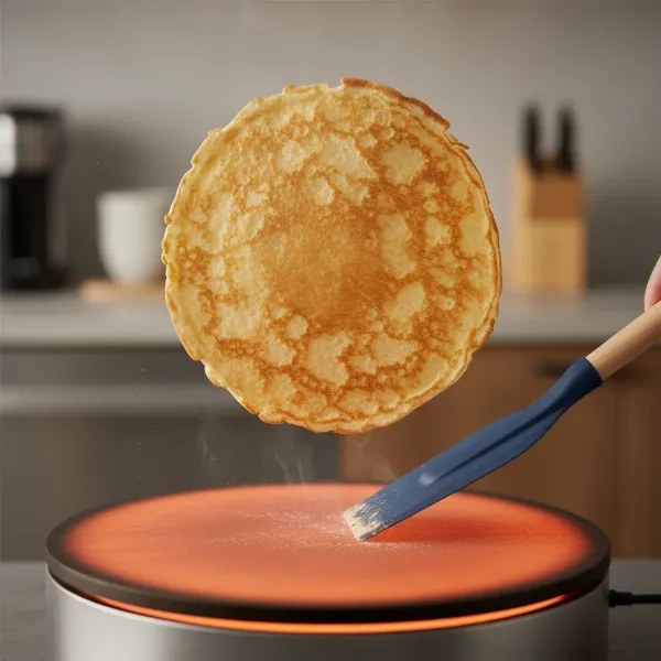 Golden-brown crepe being expertly flipped on an electric crepe maker with a spatula.