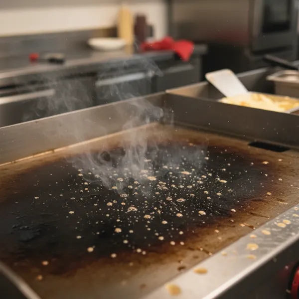 Various burn risks from a hot griddle, including steam, hot surface, and grease splatter.