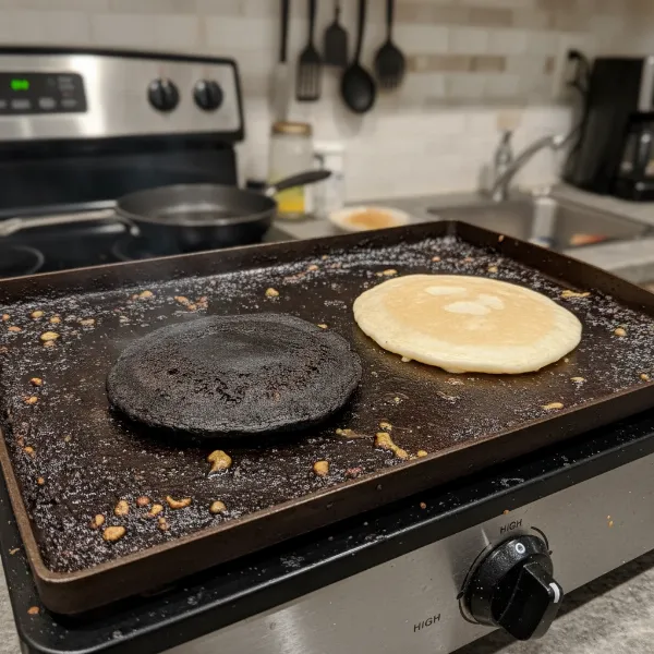 Electric griddle with grease and carbon buildup causing uneven cooking results.