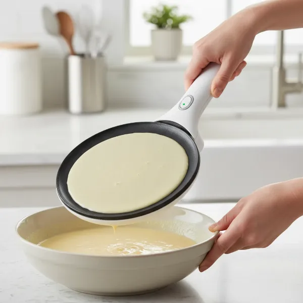 A person demonstrating a handheld dipping style electric crepe maker, showing the non-stick pan.