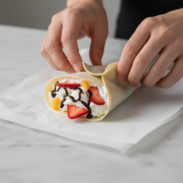 Hands demonstrating the final steps of folding a Harajuku crepe into a cone with fruit.