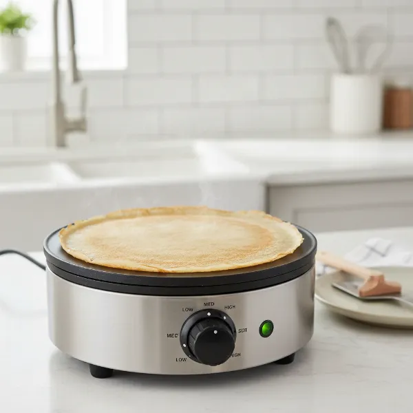 Health and Home 13-inch crepe maker cooking a perfectly golden-brown, thin crepe on its non-stick surface