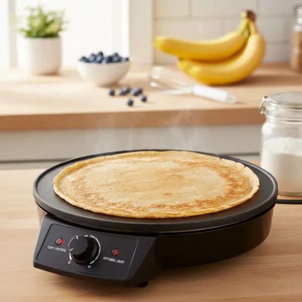 Golden-brown crepe cooking on an electric crepe maker with adjustable temperature knob.