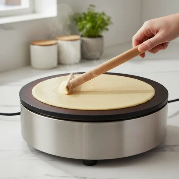 Electric crepe maker on a kitchen counter with batter being spread, ready for cooking.