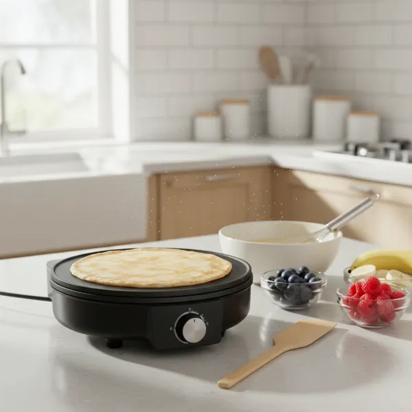 A compact electric crepe maker in use on a modern kitchen countertop.