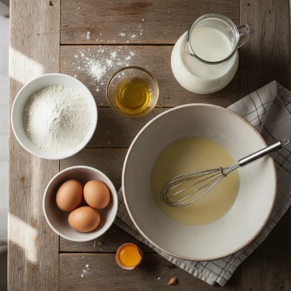 Fresh ingredients for homemade crepe batter, including flour, eggs, milk, and melted butter.