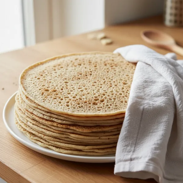 Stack of freshly made injera cooling on a plate, ready for serving