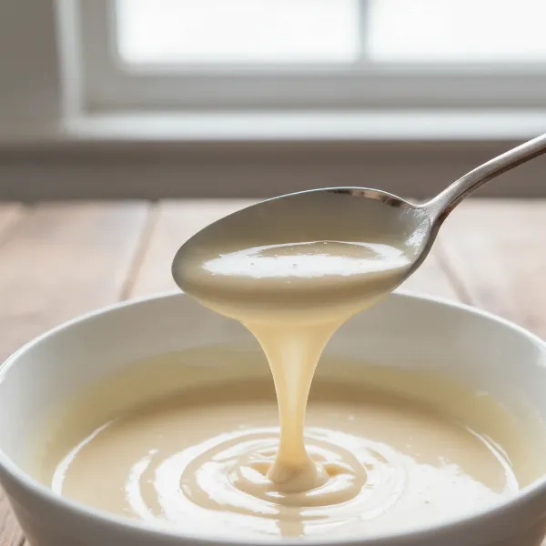 Close-up of thin, smooth crepe batter coating a spoon, representing ideal consistency.
