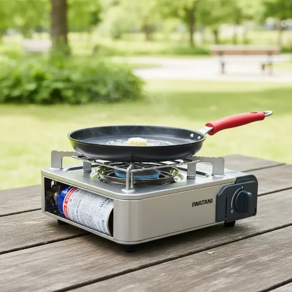 Iwatani portable gas stove with a crepe pan, highlighting its portability and use for outdoor cooking