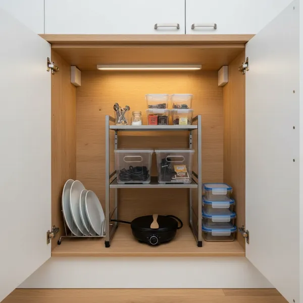 Organized kitchen cabinet utilizing vertical space with shelf risers, stackable bins, and a crepe maker.