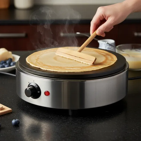 Krampouz Tibos electric crepe maker cooking a thin crepe