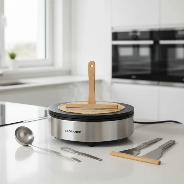 A robust Lagrange Pro crepe maker with a large enameled cast iron plate and professional accessories.