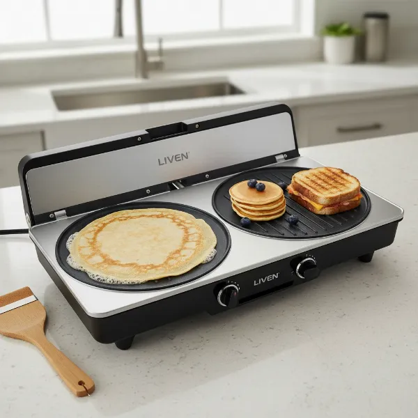 Liven Electric Baking Pan making various foods like crepes, pancakes, sandwiches.