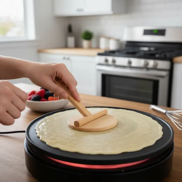 Hands using a wooden T-spreader to evenly spread batter on a Euro Cuisine crepe maker.