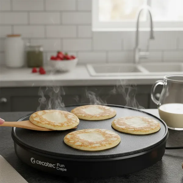 Golden brown crepes being expertly cooked on the Cecotec Fun Crepe Maker's non-stick surface.