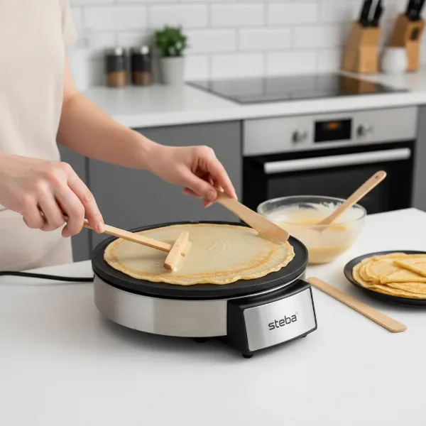 Hands using wooden tools to spread batter and flip a crepe on the Steba CR 32 maker.