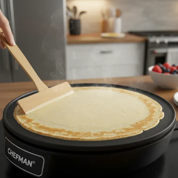 Delicate, golden-brown crepes being spread and cooked on a non-stick electric griddle.
