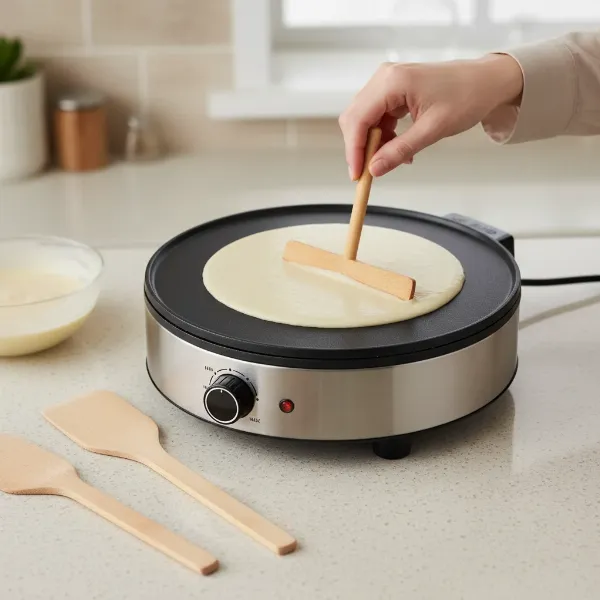 Mesko crepe maker with T-stick, spatula, and adjustable temperature dial on kitchen counter.
