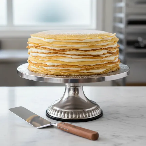 Assembled Mille Crêpe Cake with visible layers of crepes and vanilla cream.