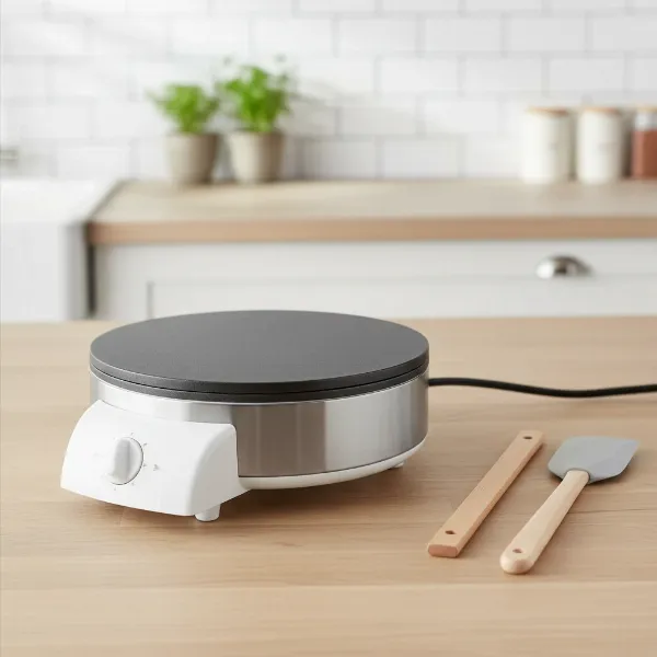 A sleek, modern non-stick aluminum crepe maker with a light-colored coating, emphasizing ease of use.