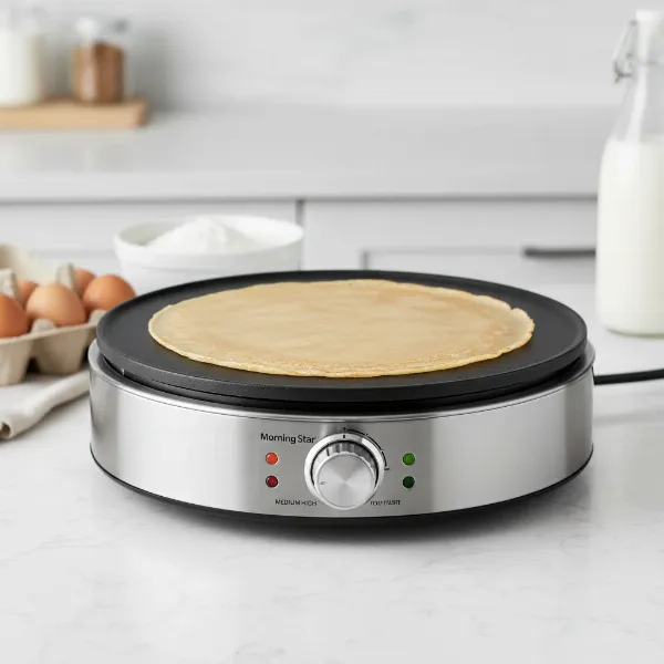 Close-up of Morning Star Crepe Maker Pro with a 13-inch non-stick plate and control dial.