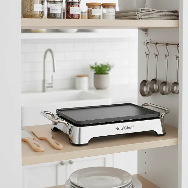 A clean NutriChef Electric Griddle with accessories, emphasizing easy cleaning and compact storage.