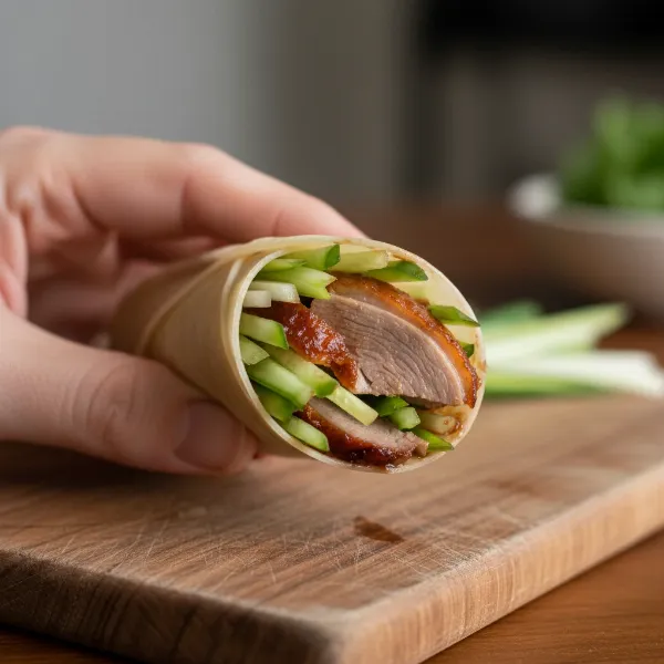 Deliciously assembled Peking duck wrap with crispy duck, hoisin, cucumber, and green onions.