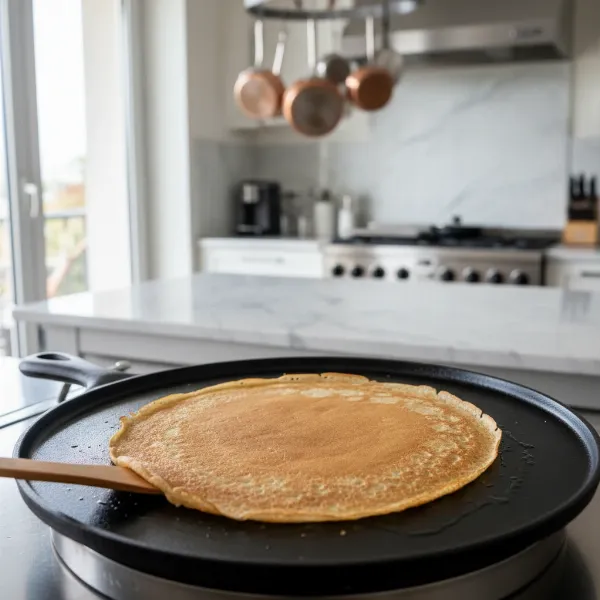 Perfectly golden-brown crepe sliding off a non-stick griddle, highlighting the importance of oil.
