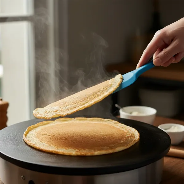 A perfectly golden crepe being flipped effortlessly with a thin spatula, indicating non-stick success.