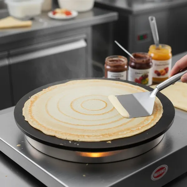 A perfectly golden-brown, thin crepe being skillfully spread on the Waring WSC160X cast iron surface.