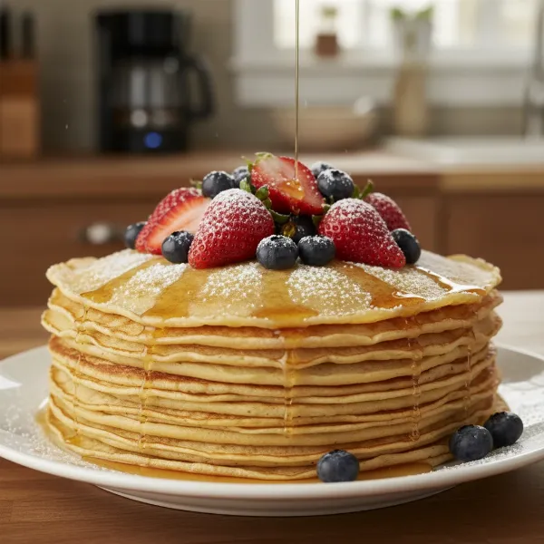 Stack of perfectly golden, thin crepes with fruit toppings on a white plate.