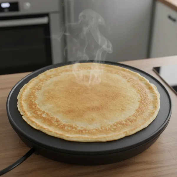 A perfectly golden-brown, thin crepe cooking on a non-stick cordless crepe maker plate
