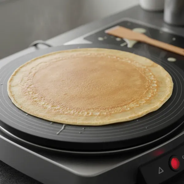 Golden crepe cooking on a large non-stick surface, showing even browning and delicate texture.