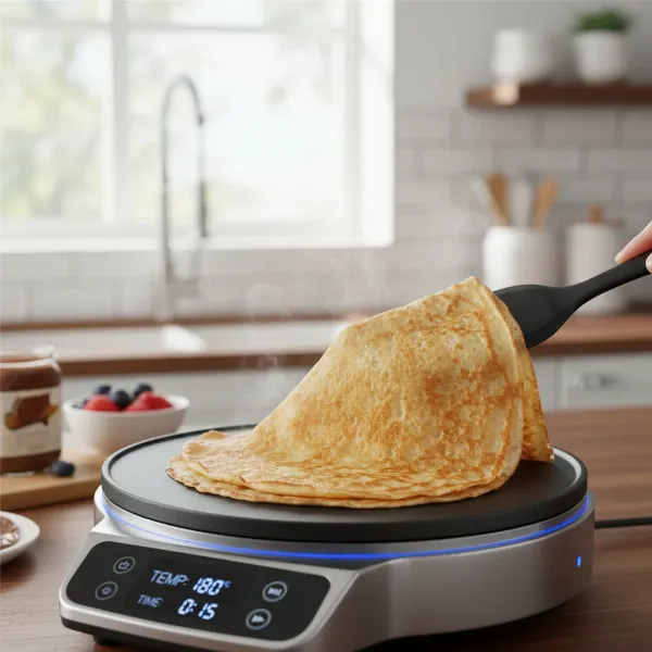 Close-up of a perfectly golden, evenly cooked crepe showcasing consistent results from smart technology.