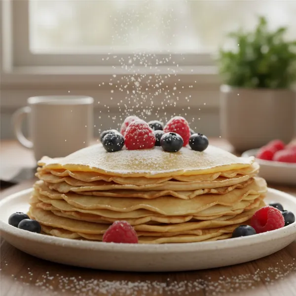 A stack of thin, golden-brown crepes on a plate, garnished with fresh berries and a dusting of powdered sugar.