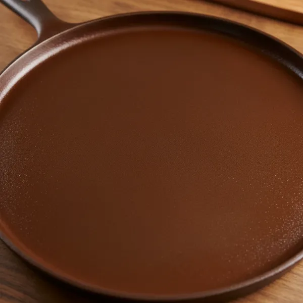 Close-up of a perfectly seasoned cast iron crepe maker surface, smooth and dark brown.