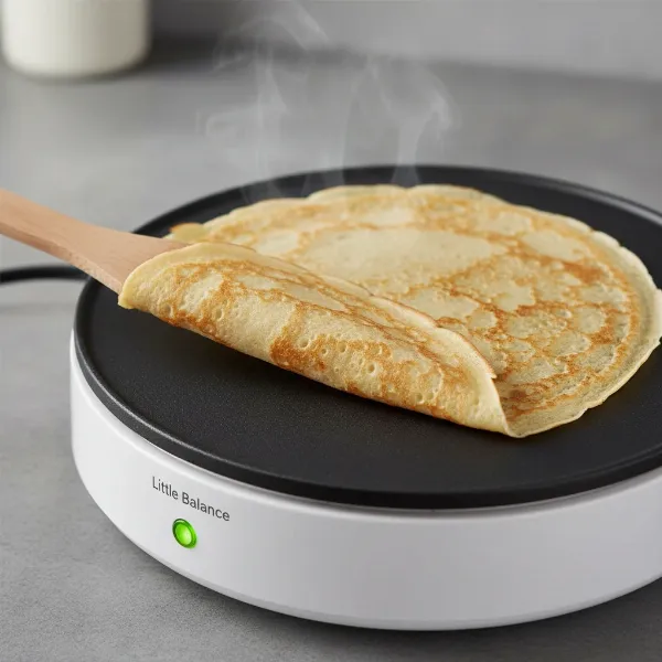 A perfectly thin, golden-brown crepe cooking on the Little Balance crepe maker.